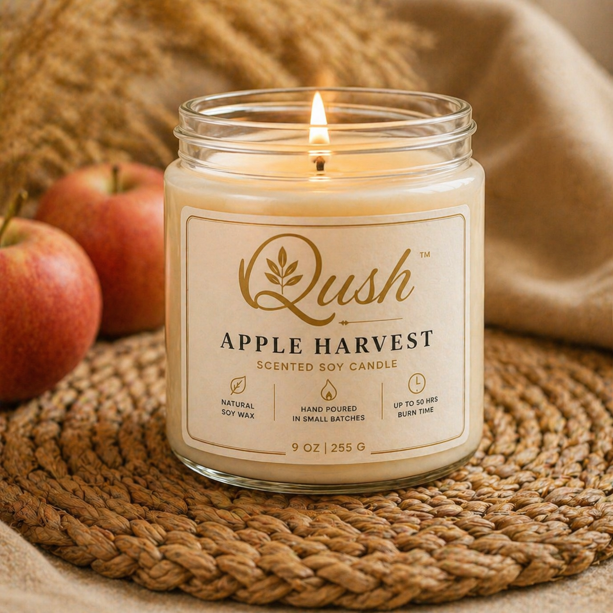 Qush Apple Harvest Candle – Cozy Home Scent, Fall Fragrance Candle, Minimalist Decor