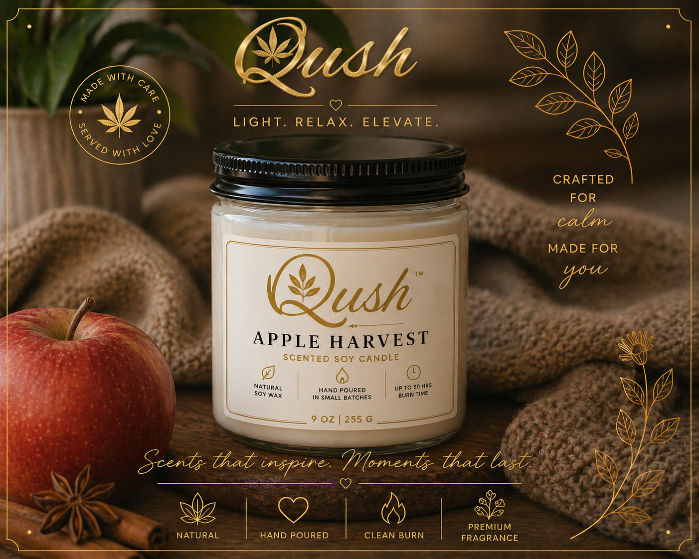 Qush Apple Harvest Candle – Cozy Home Scent, Fall Fragrance Candle, Minimalist Decor