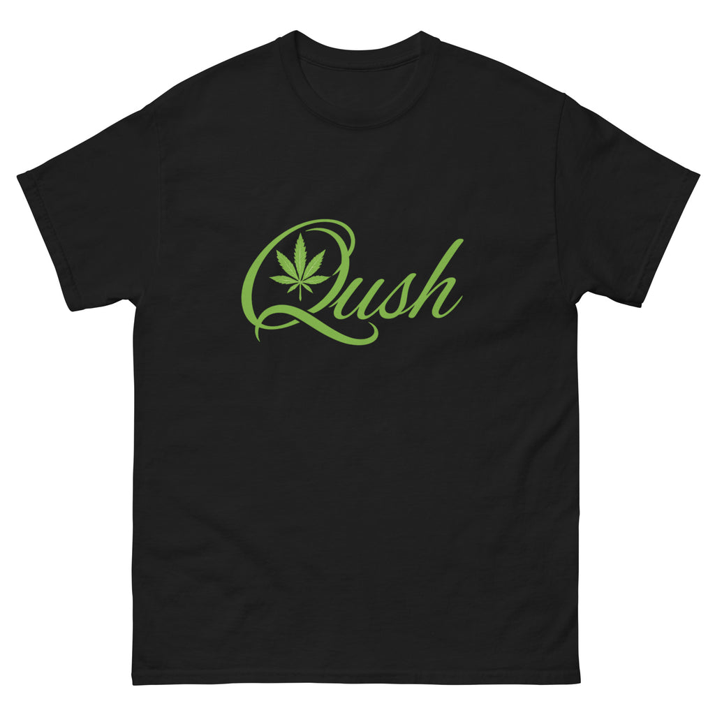 Qush Streetwear T-Shirt, Cannabis Green Logo Tee, Urban Fashion Graphic Shirt, Unisex Black Streetwear Tee, Minimalist Hype Clothing